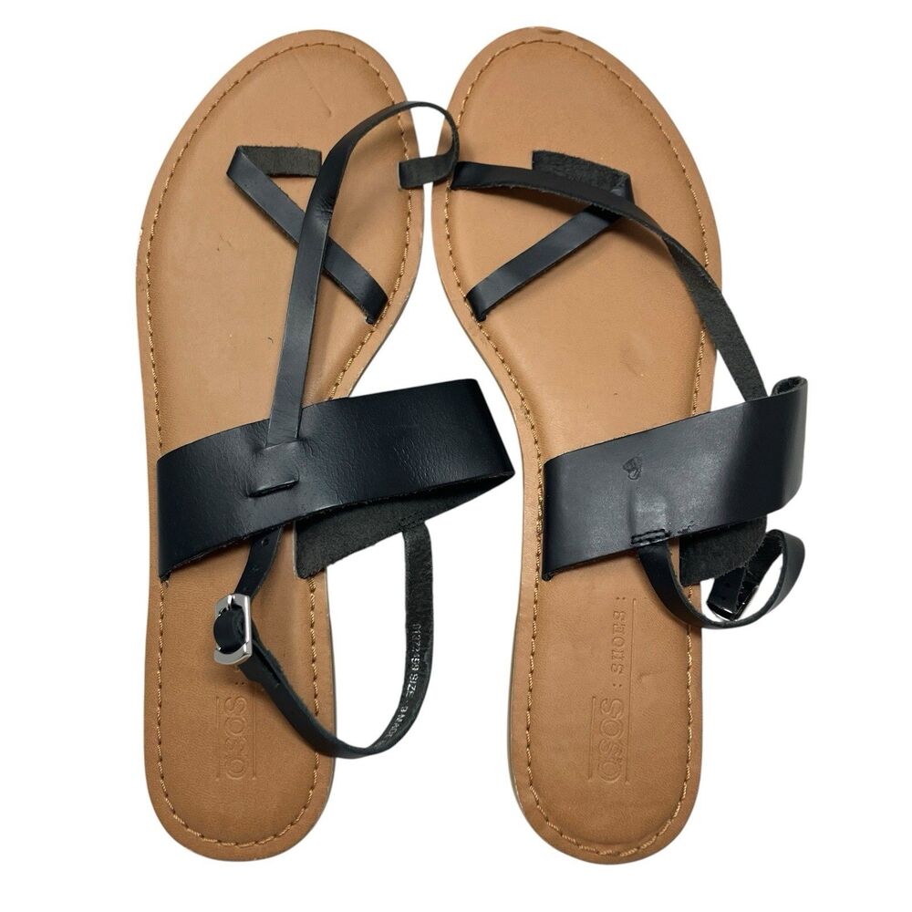 ASOS Sandals Womens 9 Black Strappy Flat Leather Look Ankle Strap Summer Resort‎